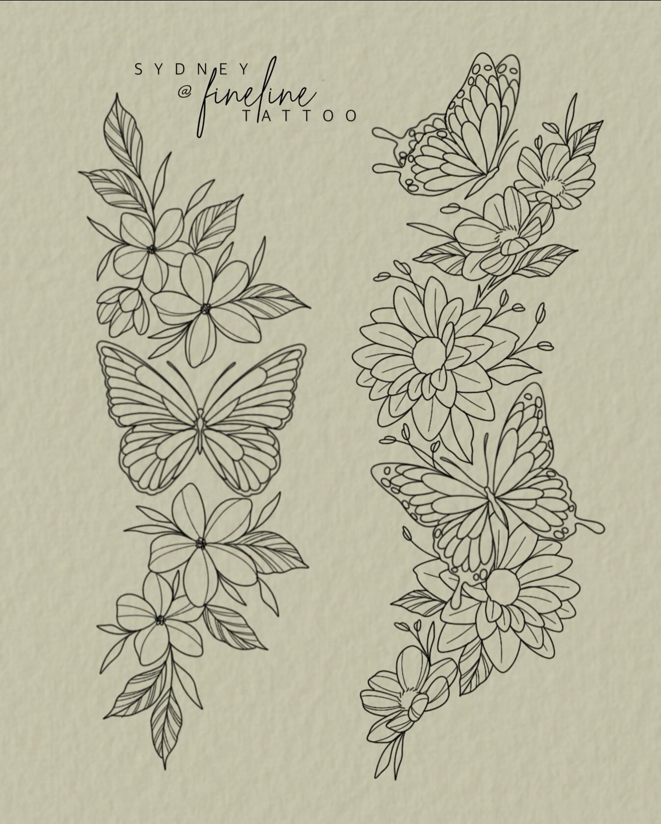 Two elegant arrangements of butterflies and various blossoms intertwine in a beautiful floral pattern.