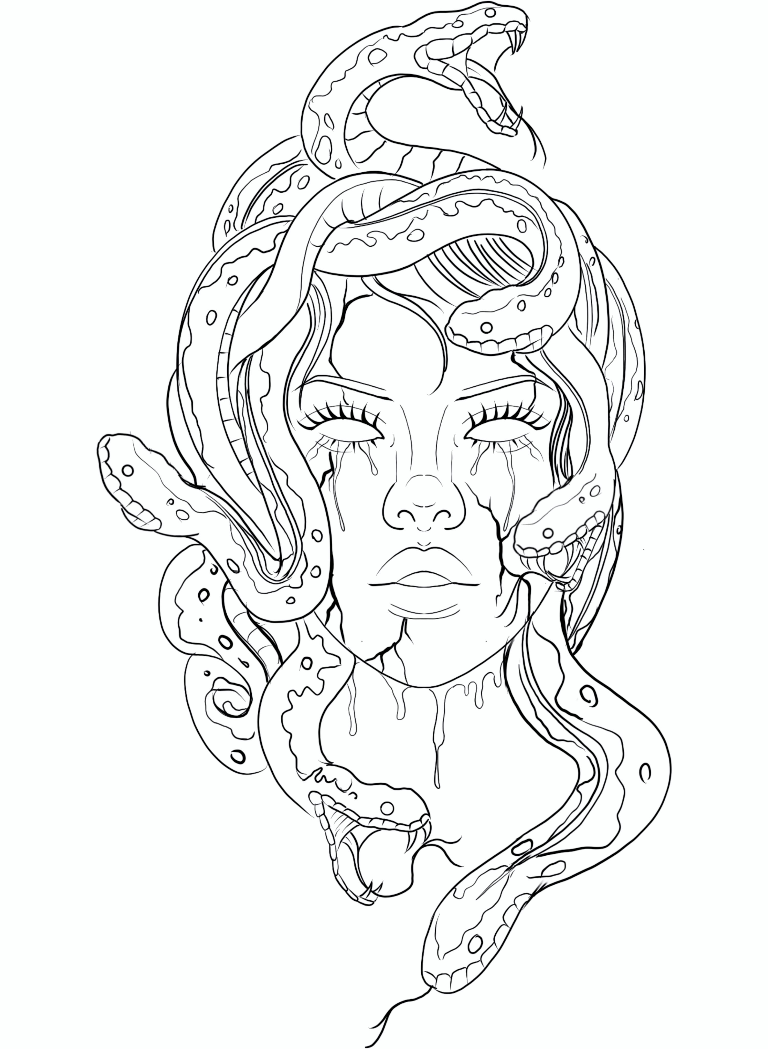 A detailed coloring page of the mythological Medusa with snakes as hair and tears streaming down her face