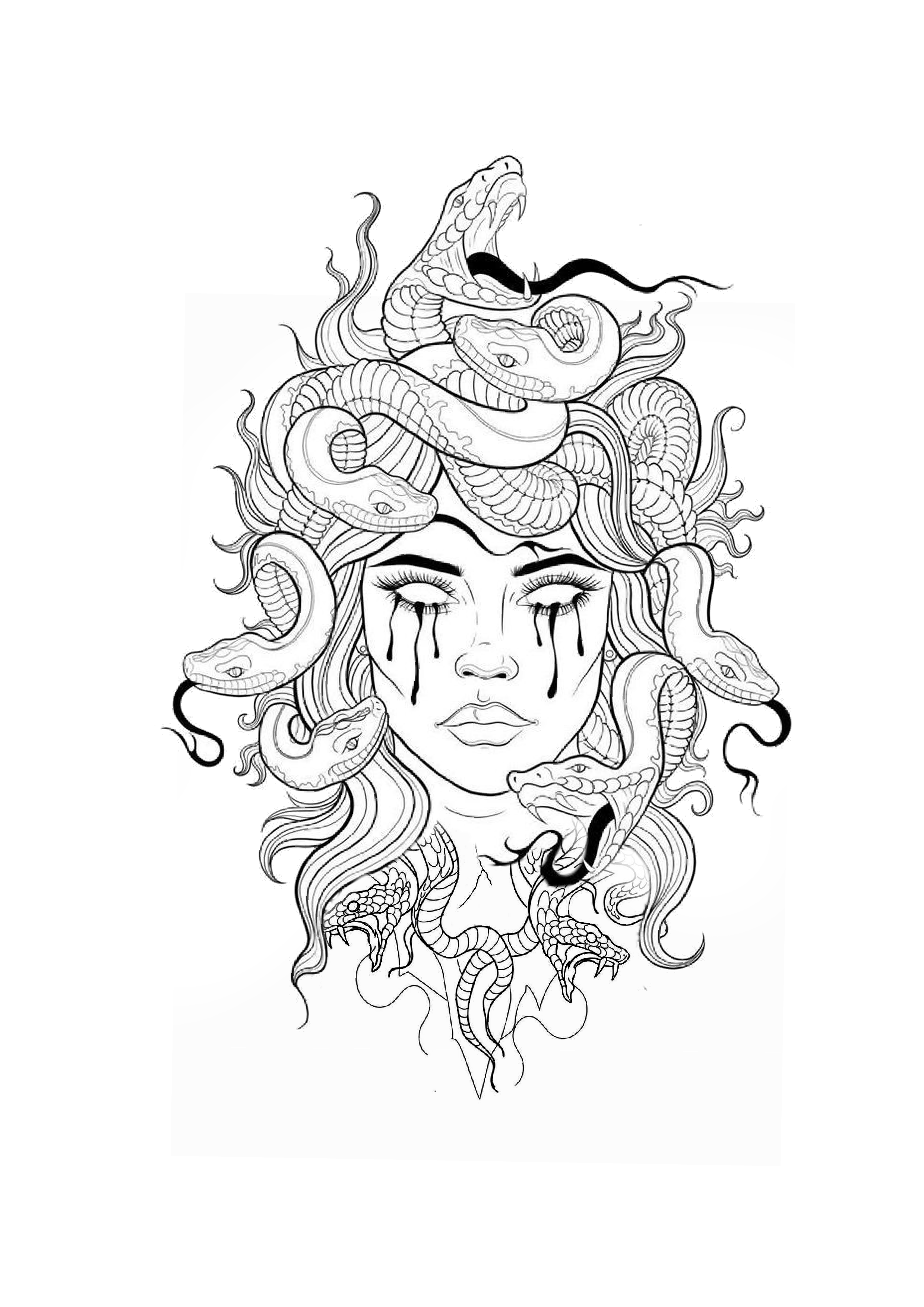 A striking depiction of Medusa with snakes for hair and dark tears flowing down her face