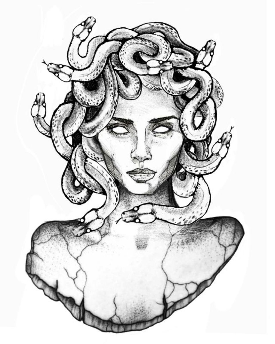 A mysterious Medusa with snakes for hair emerges from a cracked statue bust