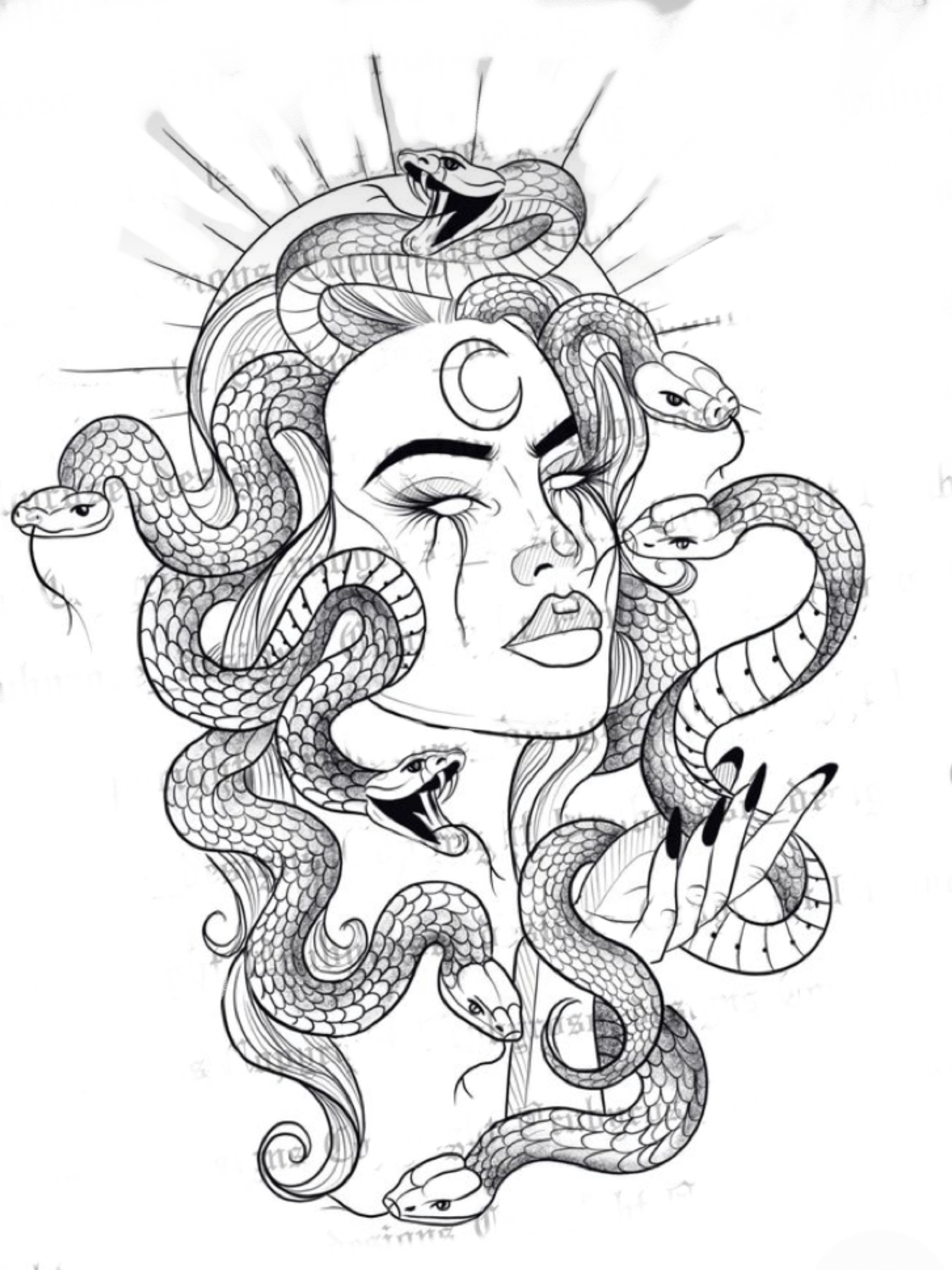 An illustration of Medusa with snakes for hair and a crescent moon on her forehead