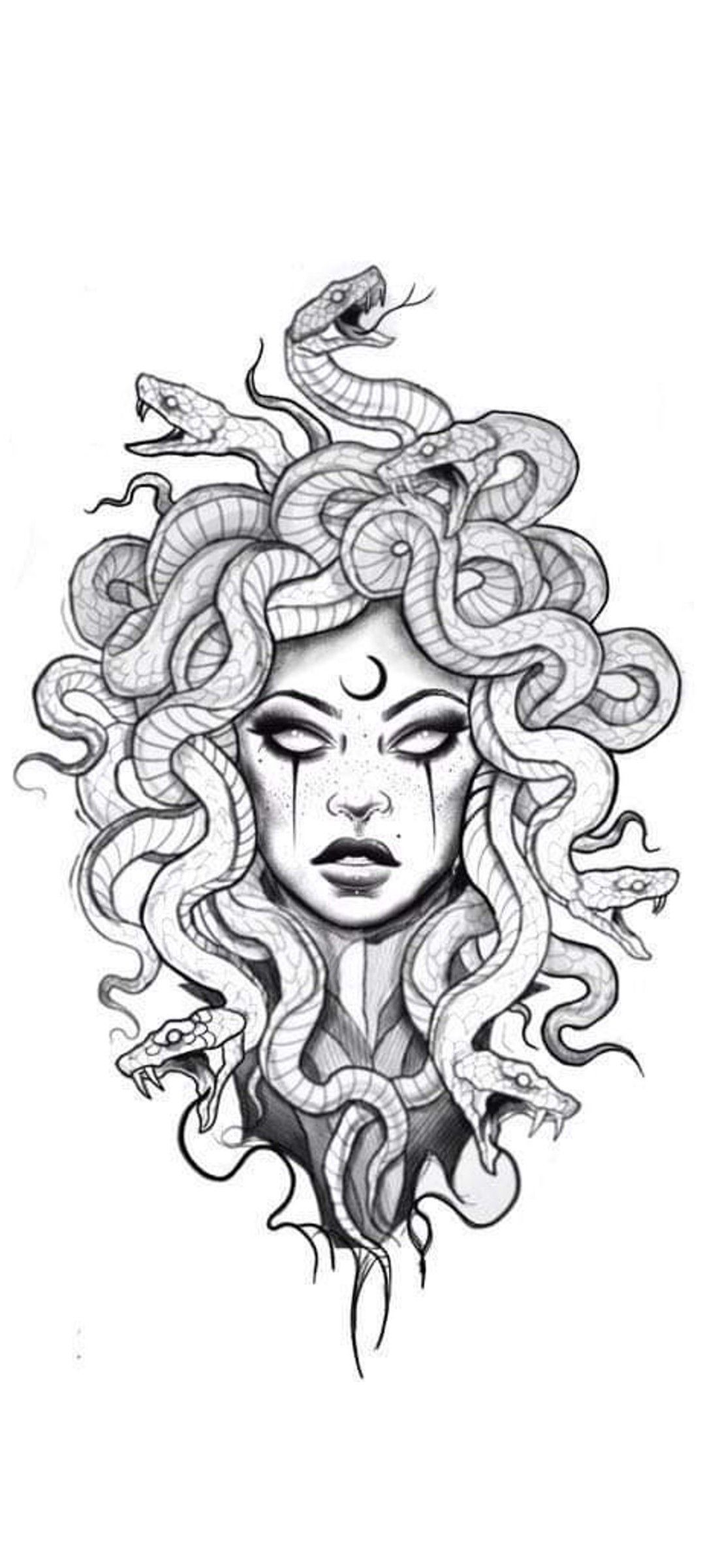 A gothic style drawing of Medusa with snakes as hair and a crescent moon on her forehead.