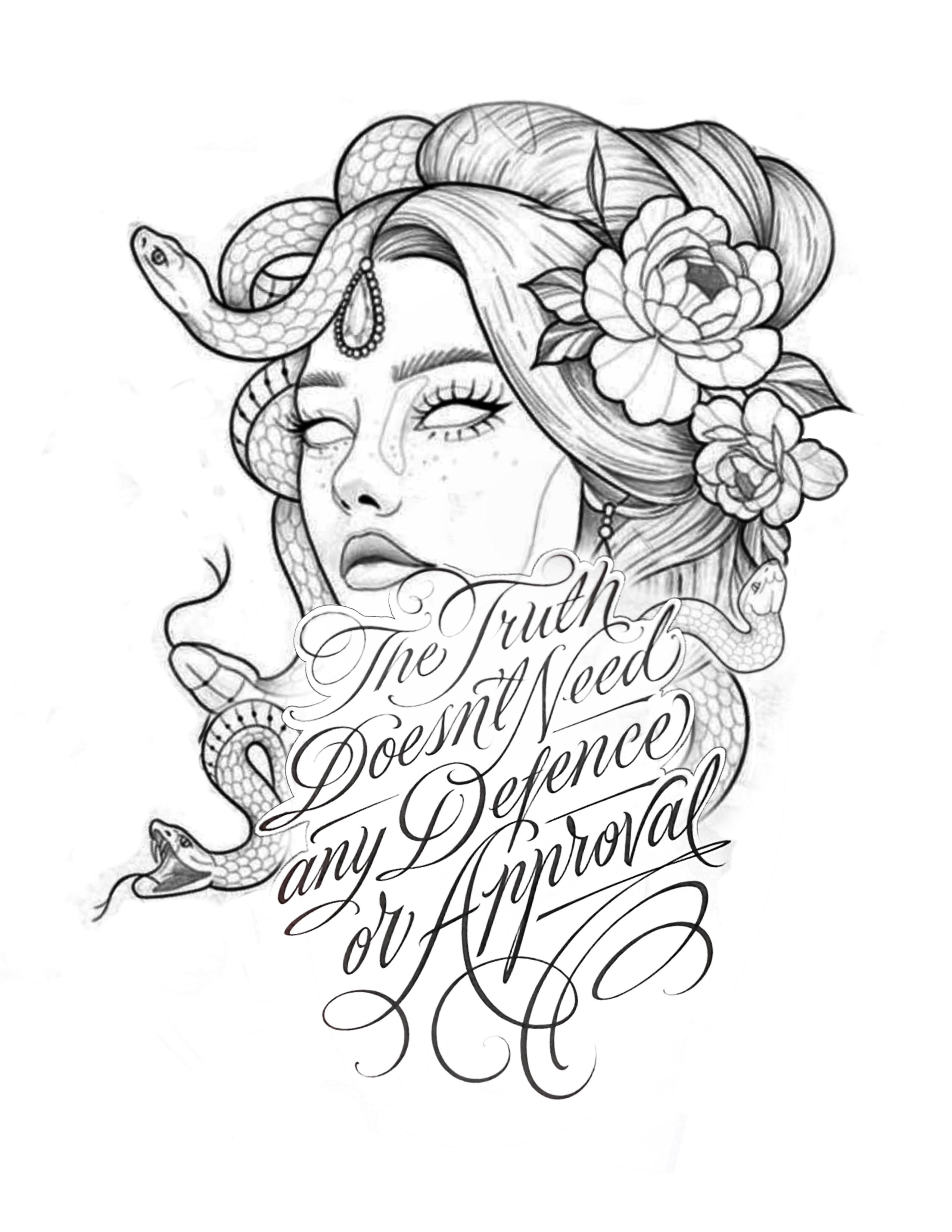 An illustration of Medusa with snakes in her hair and flowers with ornate text below her