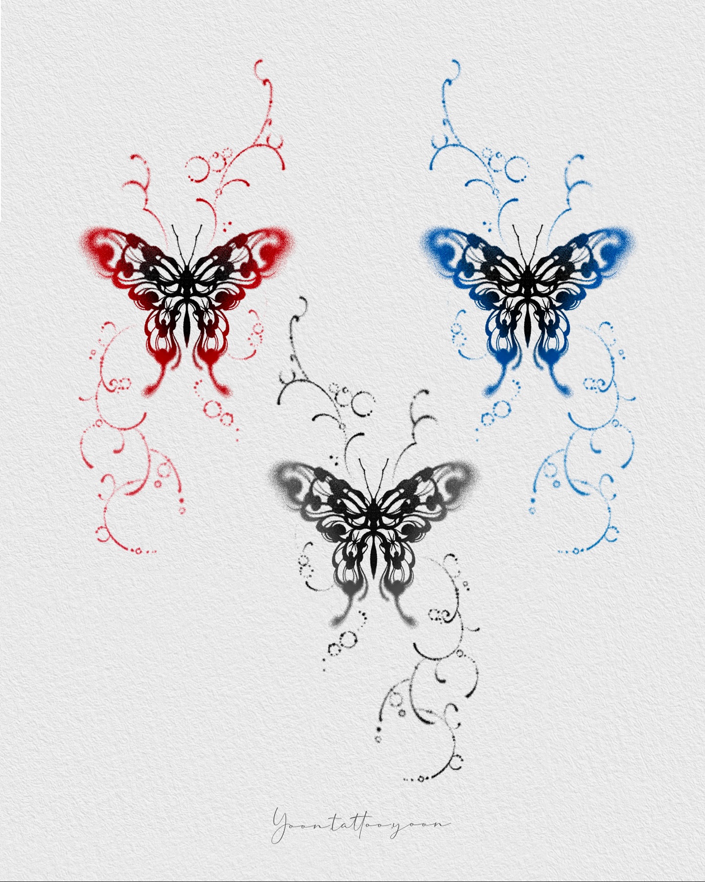 Three tribal butterflies in red blue and grey with swirling decorative elements perfect for coloring enthusiasts